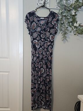 Loveappella Navy Paisley Maxi Dress with Pink and Orange Details